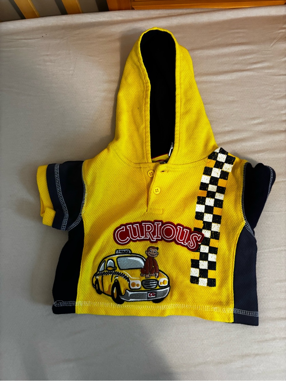 Vintage Curious Yellow Hooded Kids Top with Taxi Graphic